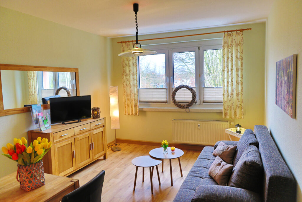 Gästewohnung Spreewald, Wohnzimmer, Couch, Sideboard mit TV und großes Fenster